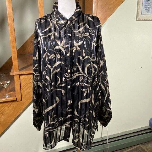 Red Hot Plus Sz 20W Black Tan Floral Button-Front 2-Piece Tank Sheer Blouse Work - Picture 1 of 10